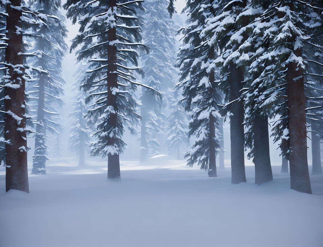 Foggy forest scene with snow-clad pine trees