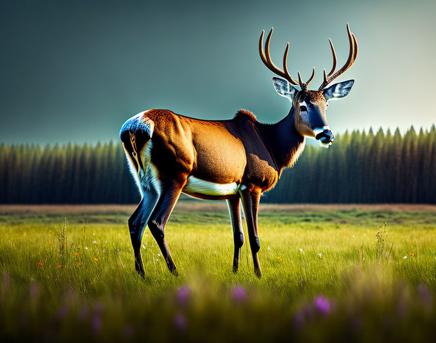 Majestic deer with large antlers in sunlit field with forest backdrop