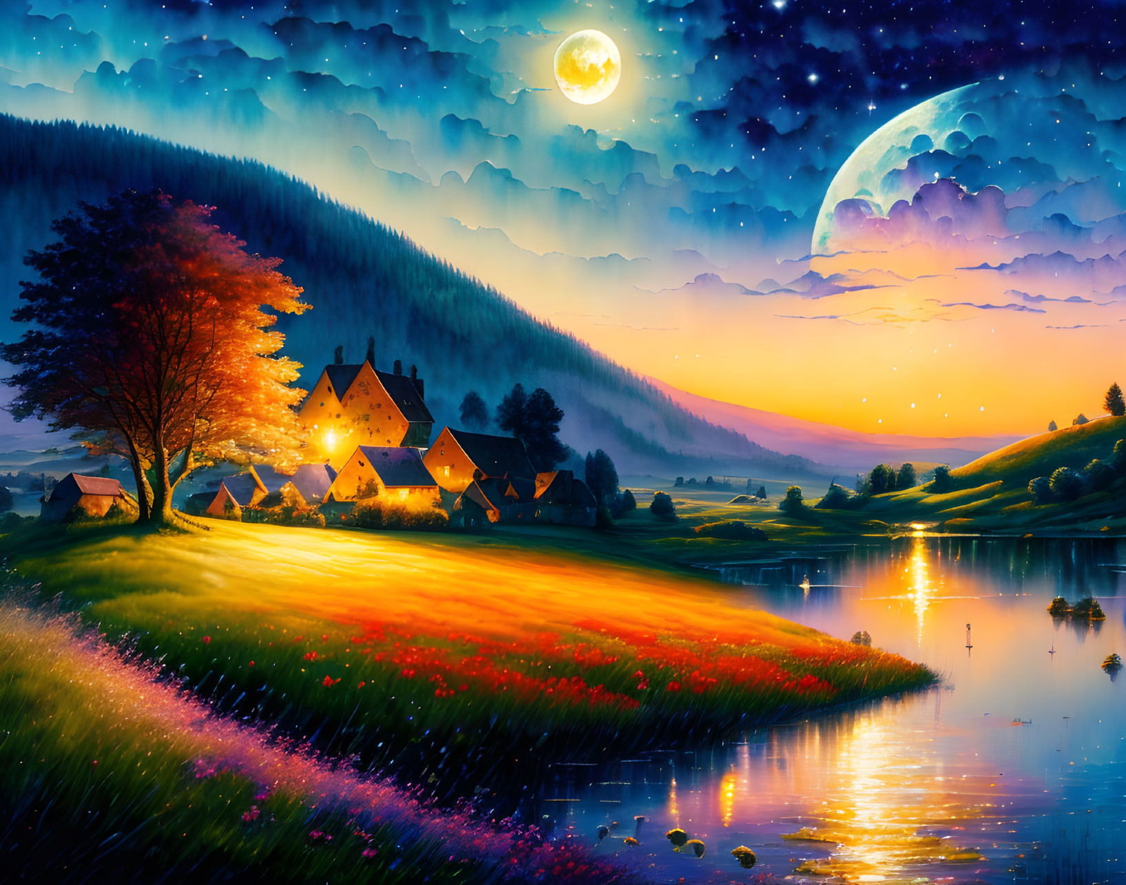 Twilight fantasy landscape with glowing moon, lake, cottages, meadow, and starry sky