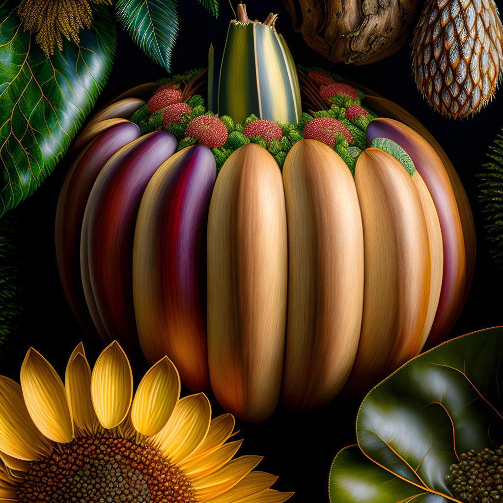 Vibrant large pumpkin with sunflowers, pine cones, and berries on dark backdrop