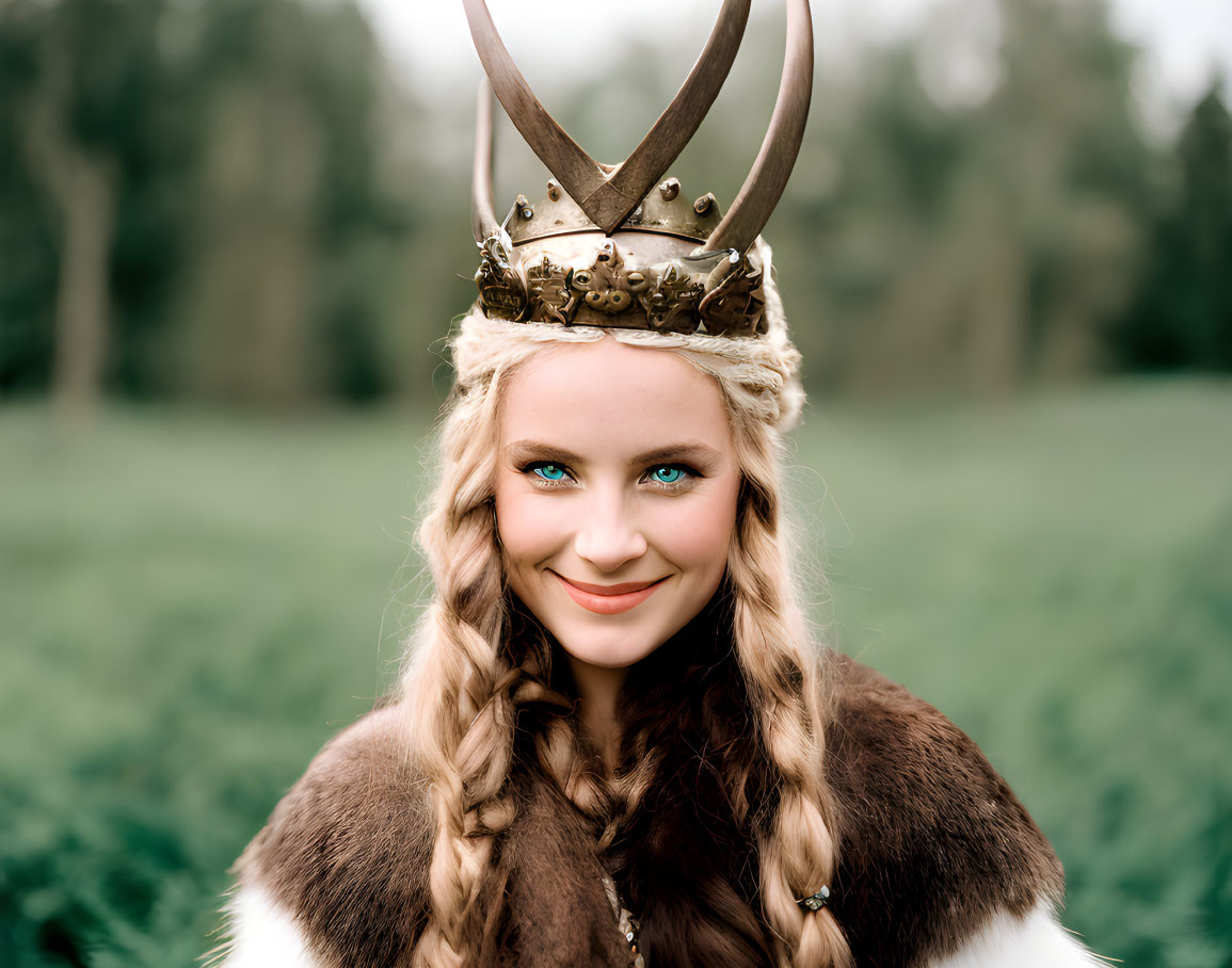 Braided Hair Woman with Horned Crown and Fur Over Green Background