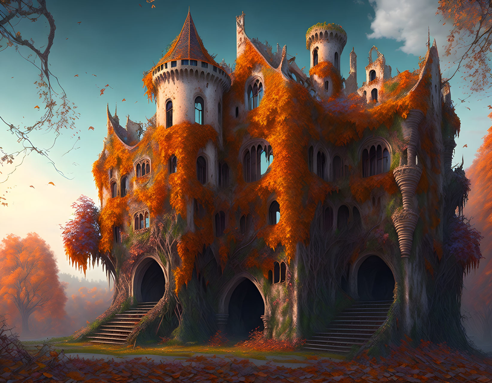 Fantastical castle with ornate towers in autumnal setting