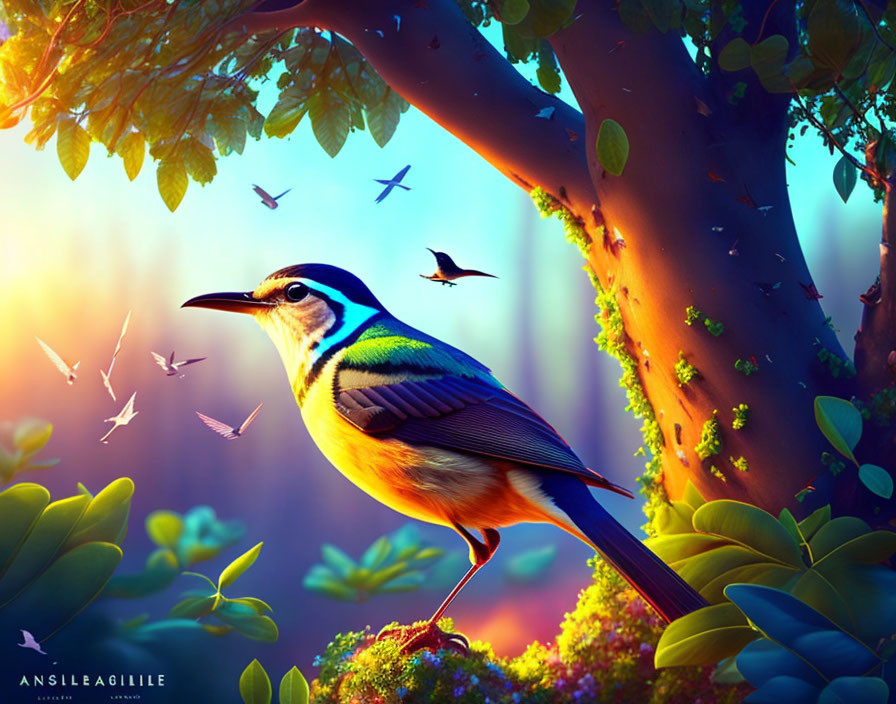 Colorful bird in sunlit forest with insects and foliage