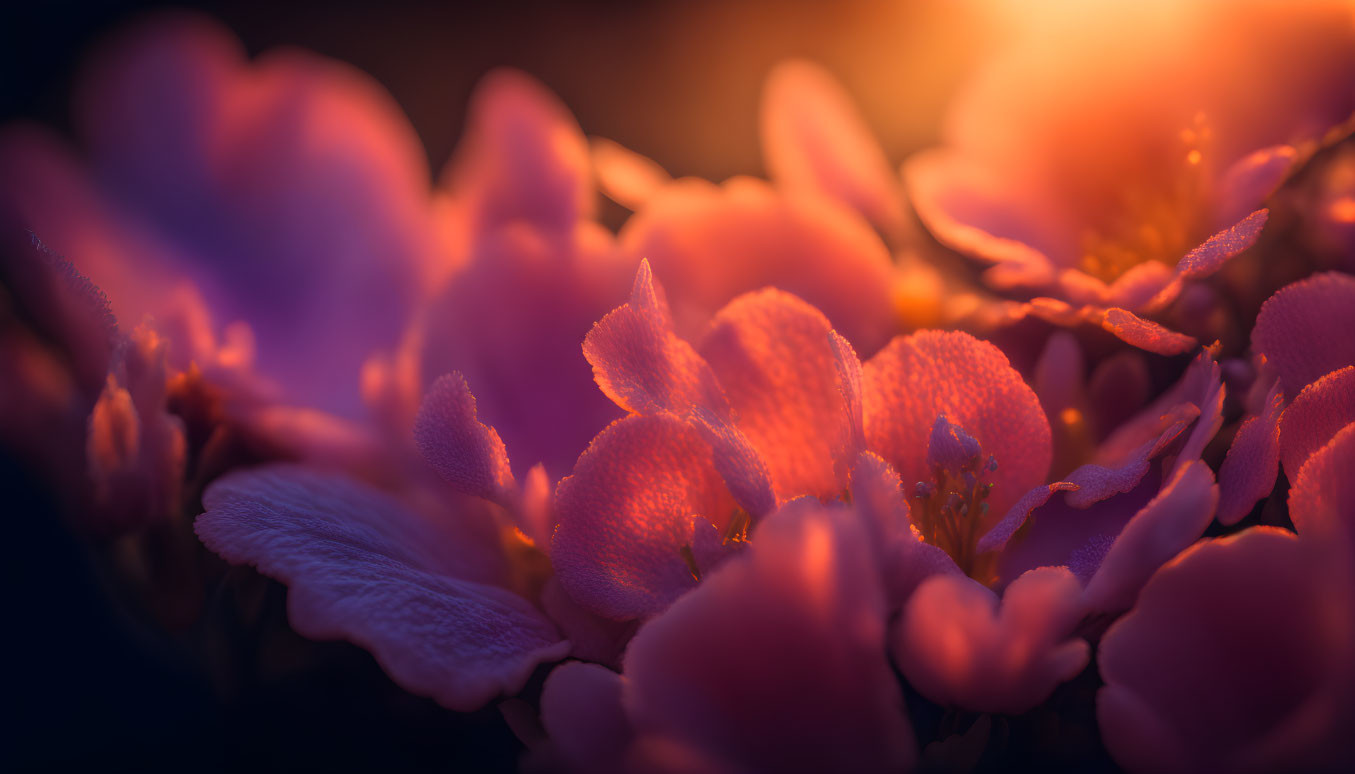 Pink blossoms in soft focus under warm light on dark background