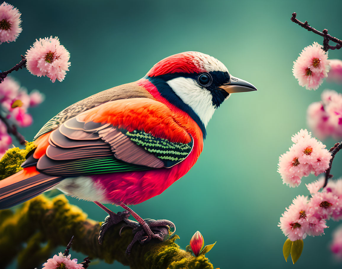 Colorful Bird with Red, White, and Black Plumage Perched Among Pink Blossoms