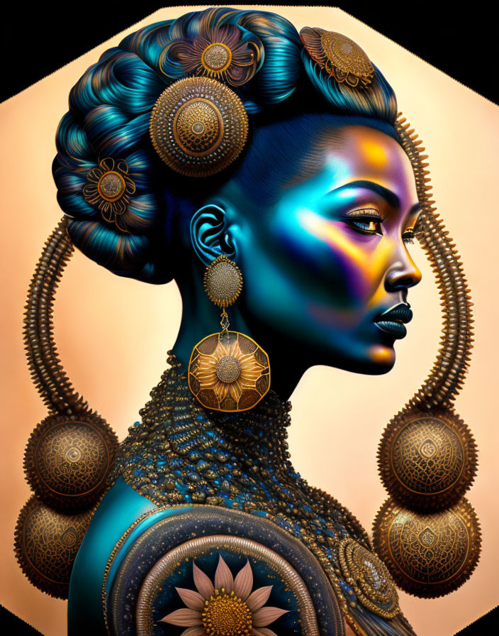 Intricate gold and blue ornaments adorn woman in digital portrait