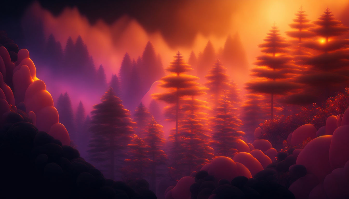 Enchanting forest scene with silhouetted trees in warm light