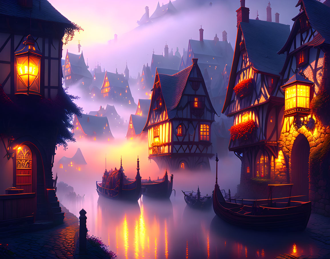 Storybook village with half-timbered houses by a calm river at sunset