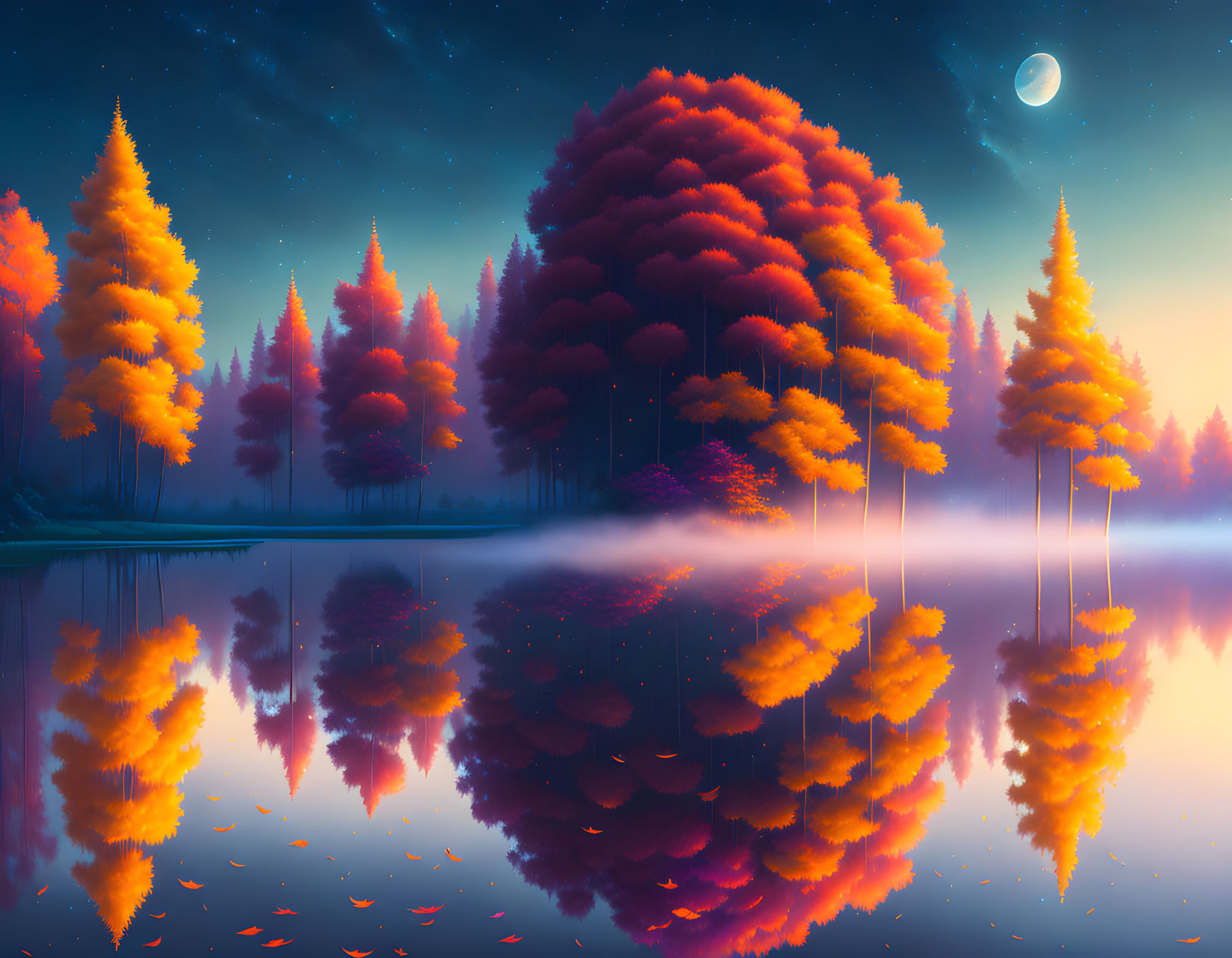 Autumn trees reflecting on tranquil lake under starry night sky