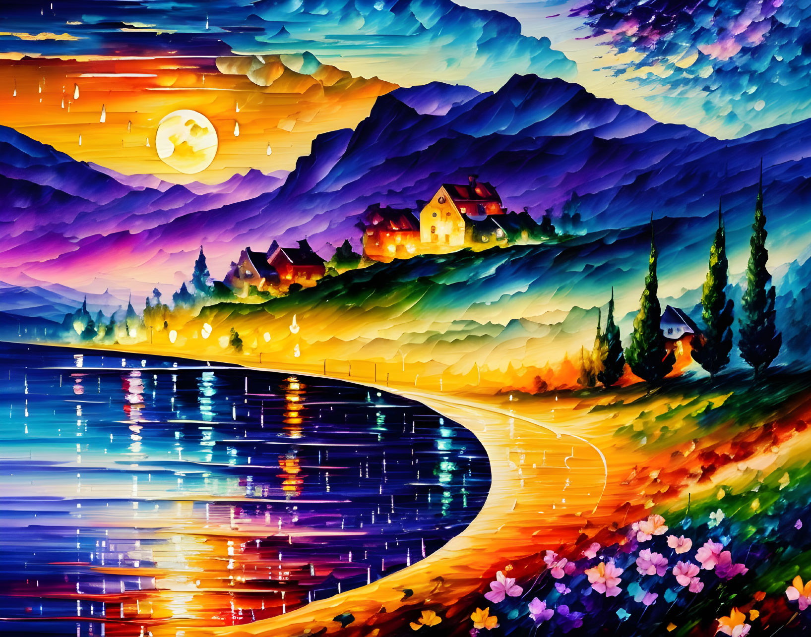 Scenic lakeside village painting at sunset with reflections, colorful sky, mountains, and winding path