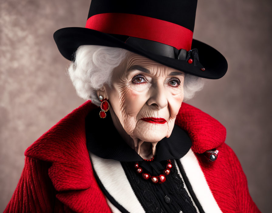 Stylish elderly woman in red and black attire