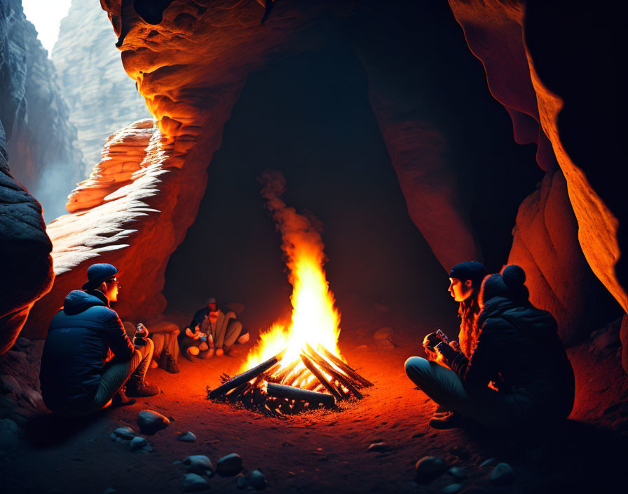 Two individuals at campfire in shadowy canyon.