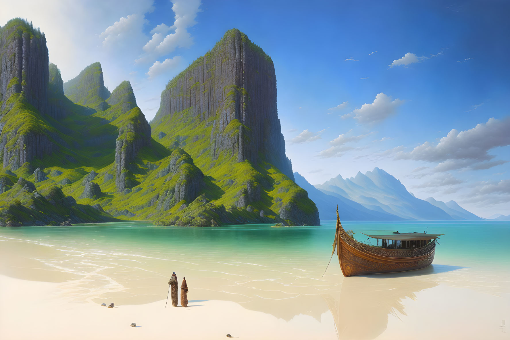 Tranquil beach scene with green cliffs, traditional boat, robed figures, and distant mountains