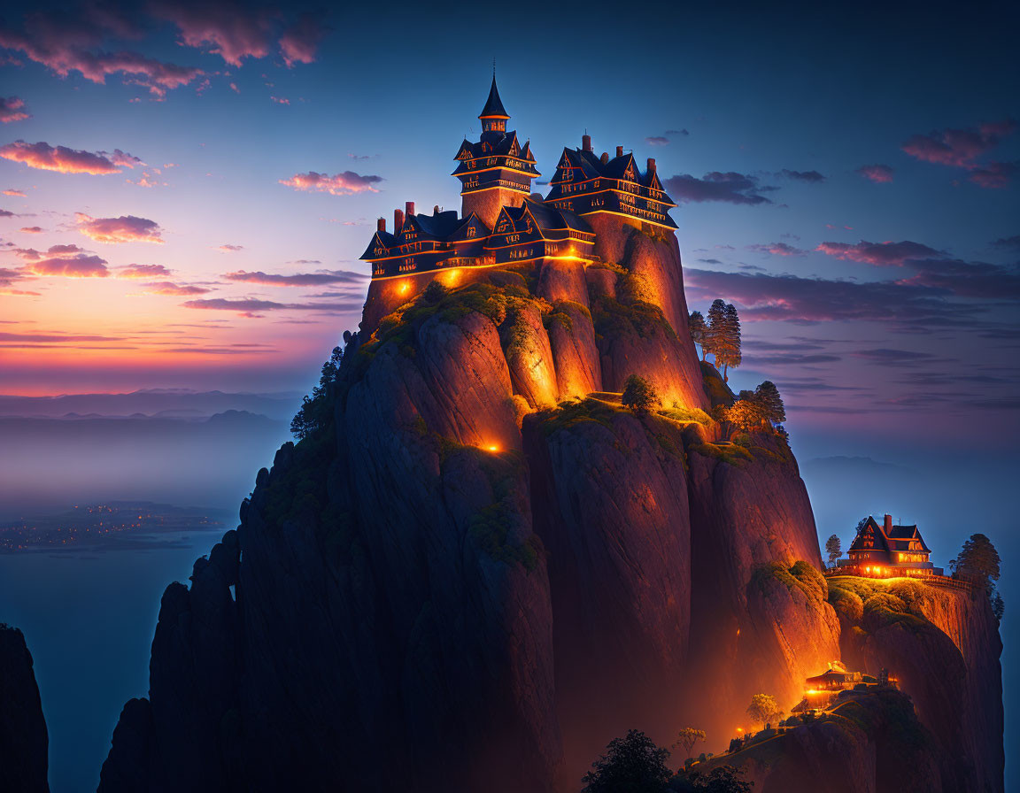 Illuminated castle on cliff at twilight with mountains.