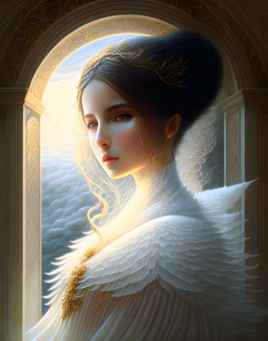 Ethereal woman with angelic aura, feathered wings, and golden details by arched window