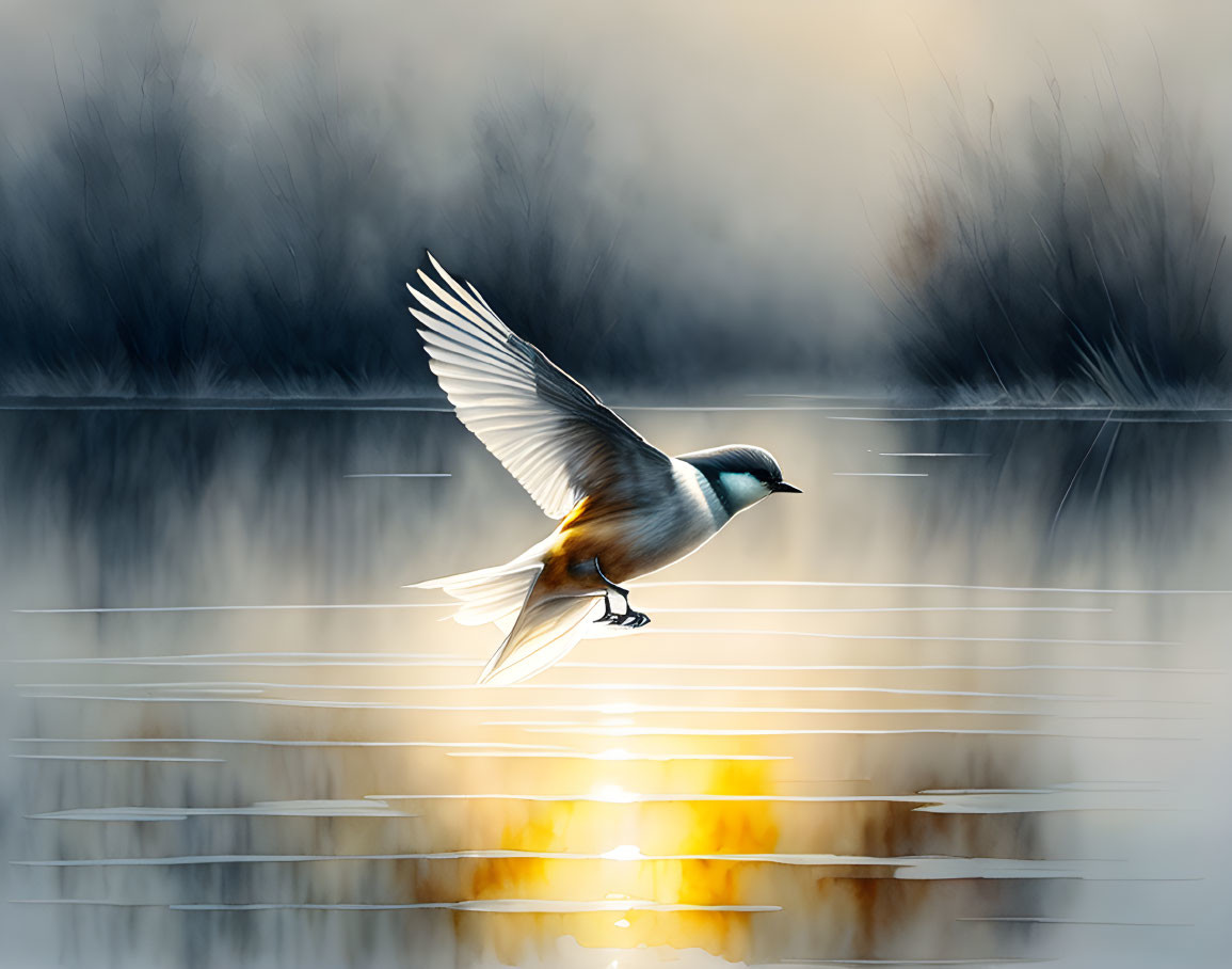 Bird gliding over tranquil water at sunset