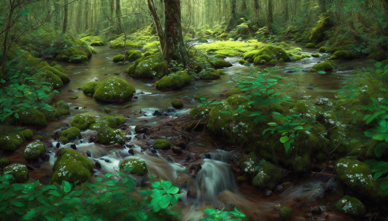 Tranquil forest stream with moss-covered rocks and lush greenery