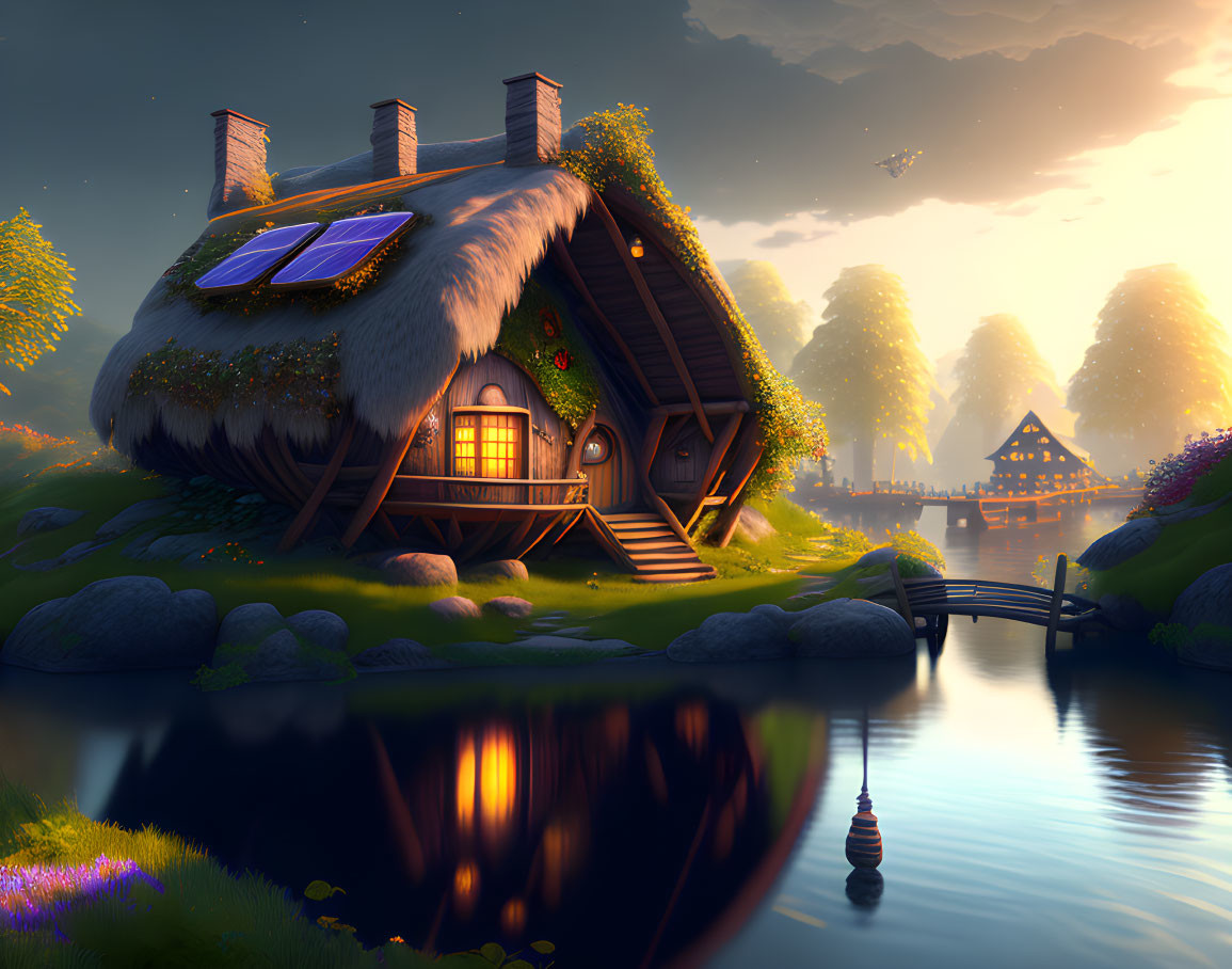 Thatched-Roof Cottage by Lake at Sunset with Glowing Windows