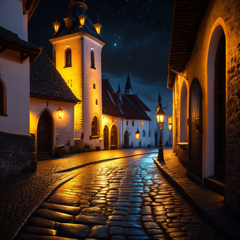 Historical cobblestone street at night with illuminated buildings