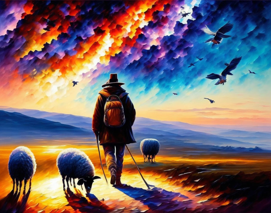 Shepherd with sheep under vibrant fiery sky and birds in flight