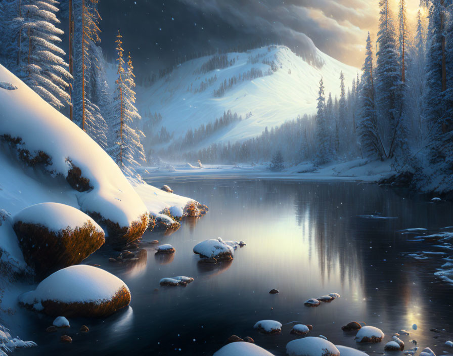 Snow-covered winter landscape with river, stones, and mountain backdrop at sunset