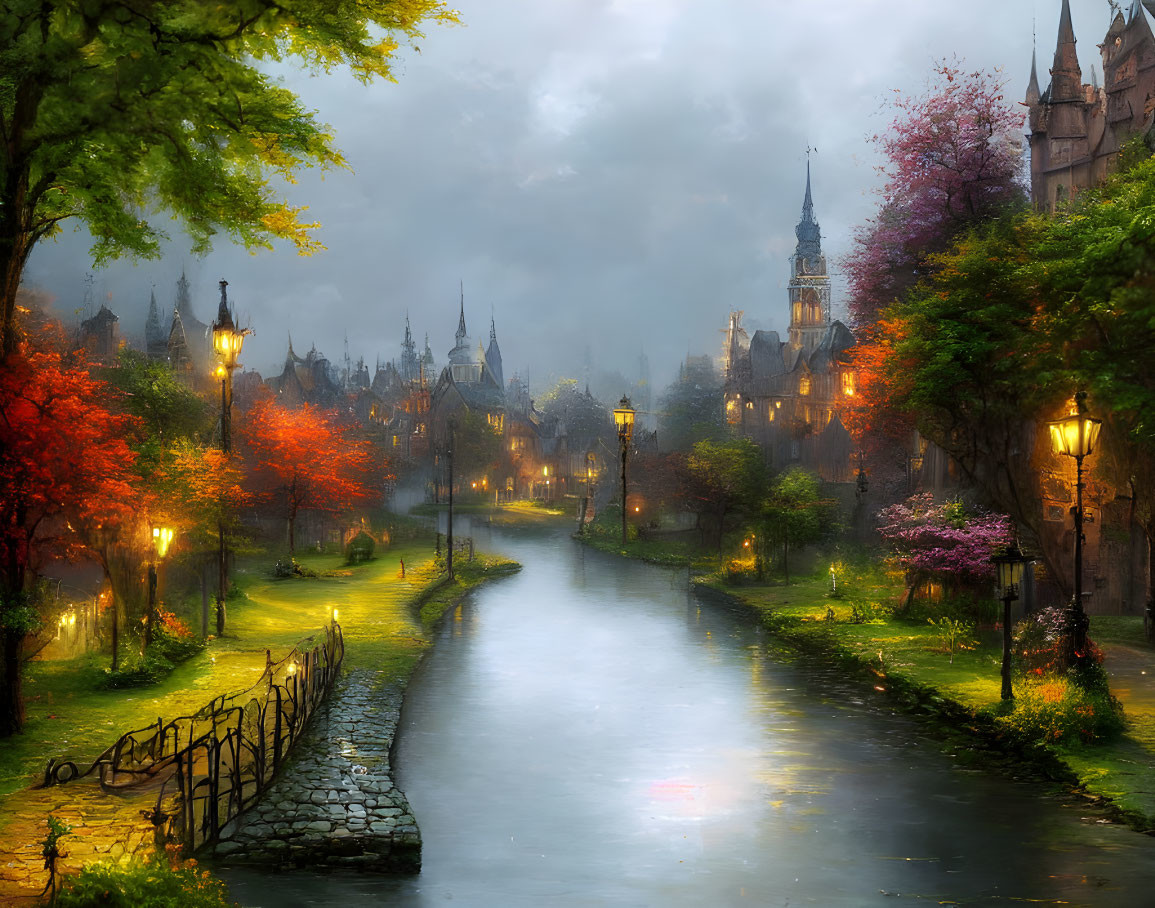 Tranquil river scene with cobblestone path, vibrant trees, and gothic buildings