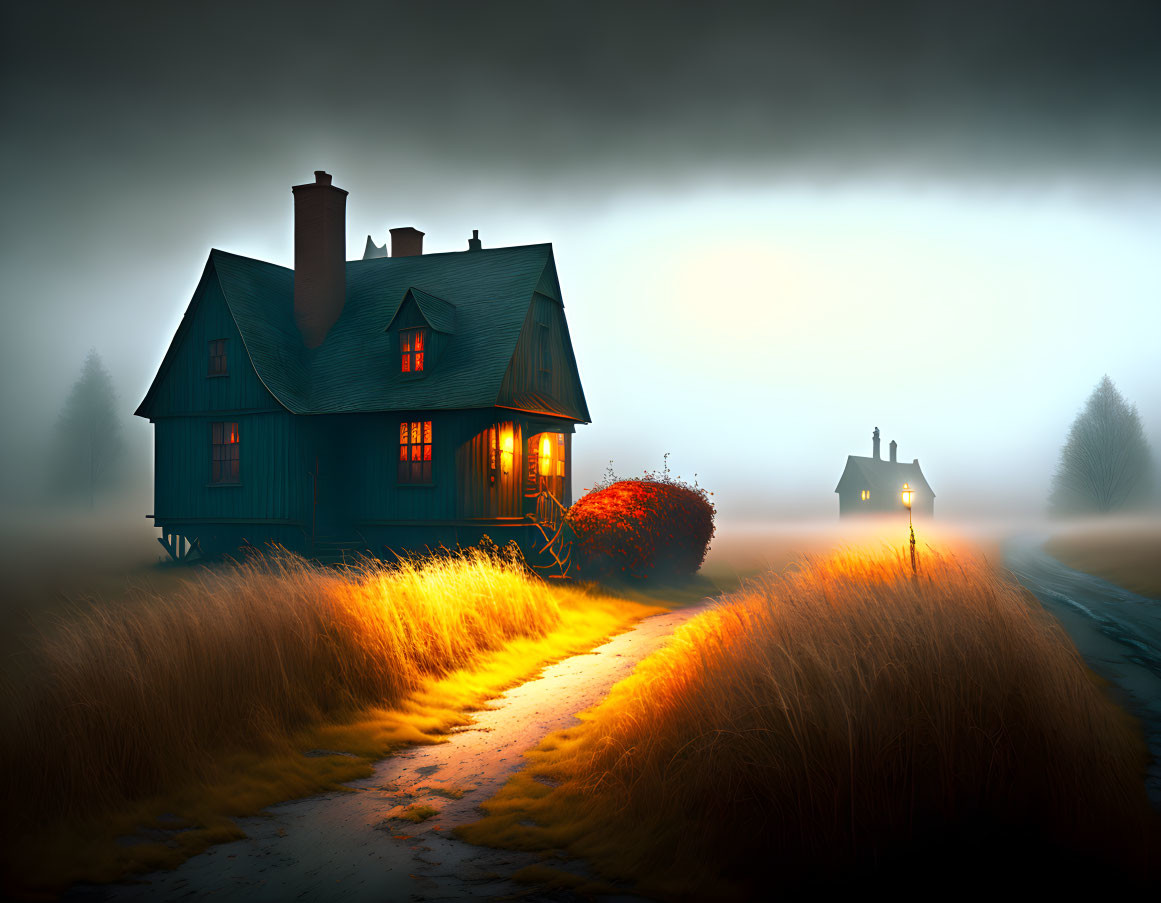 Twilight scene: Cozy cottage in misty field with warm light trail and distant house under h