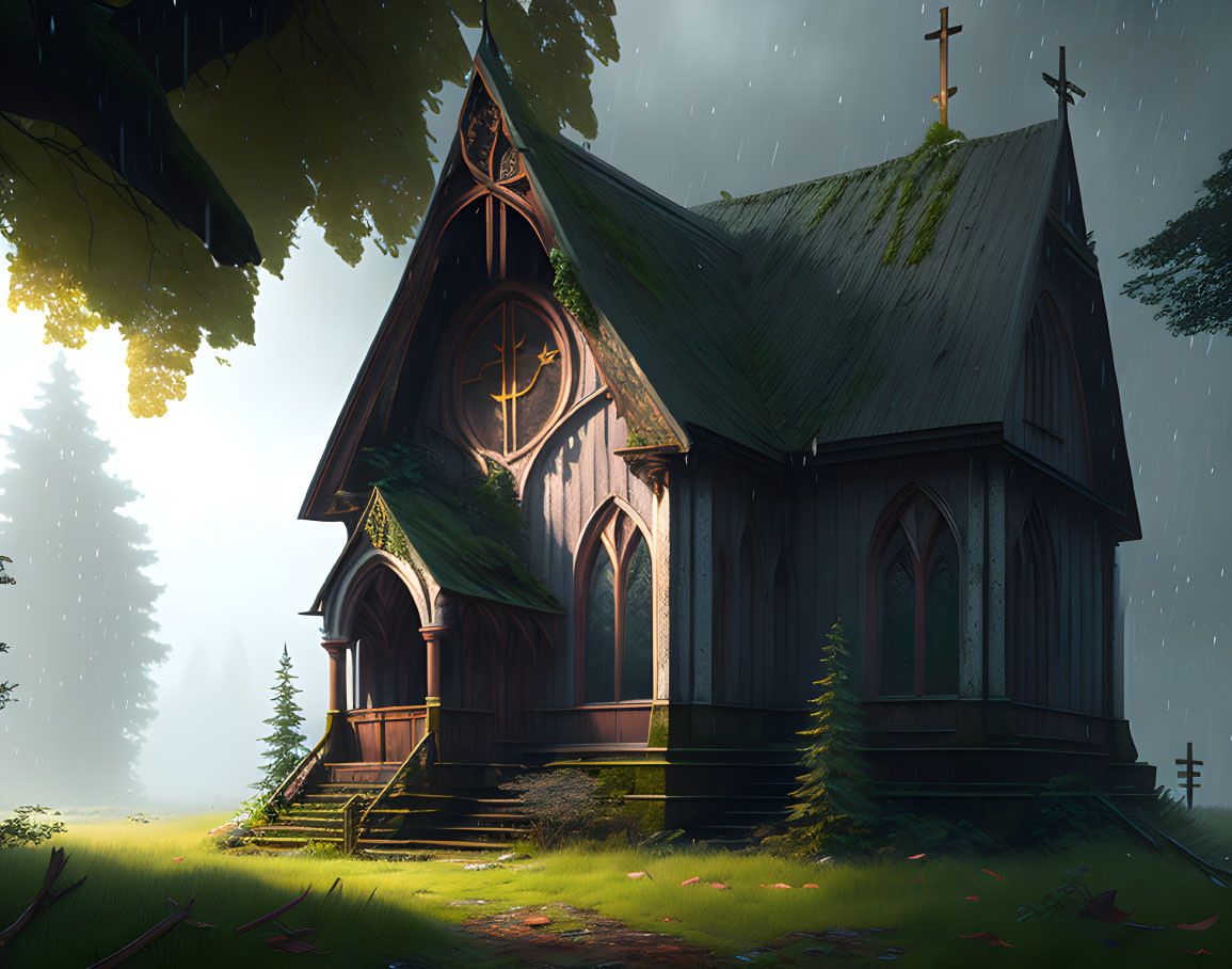 Wooden church with cross in serene forest clearing