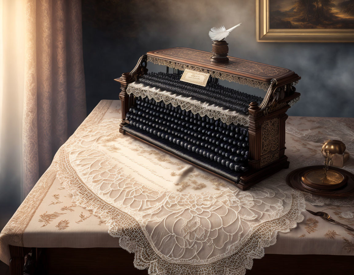 Vintage Typewriter on Lace-Covered Table with Quill and Inkwell