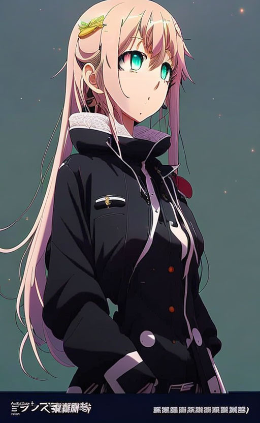 Anime character with long pink hair and green eyes in black jacket with white collar.