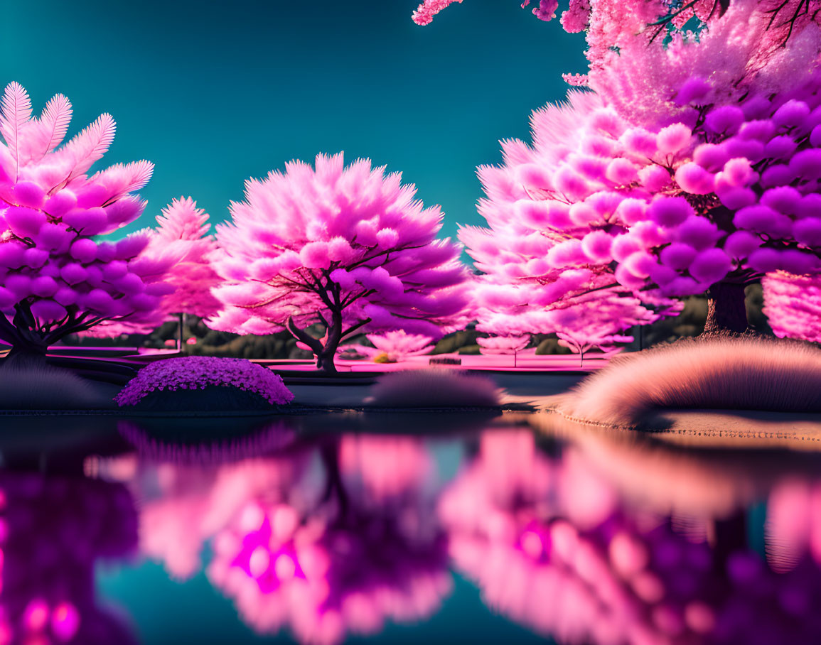 Surreal pink trees reflecting on water in colorful landscape