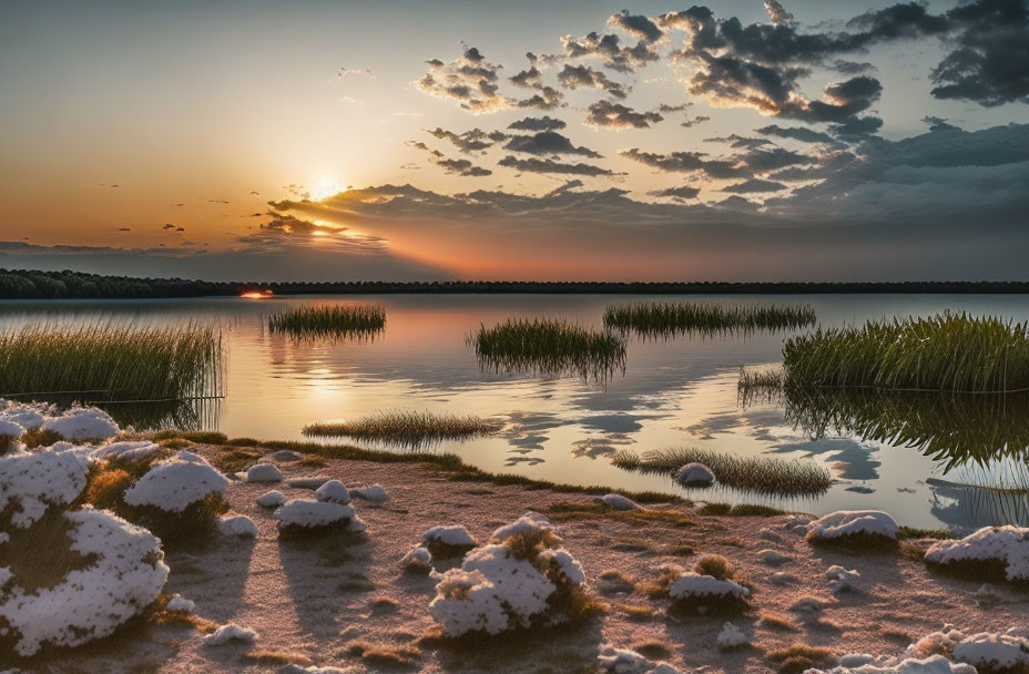 Tranquil lake at sunset with reeds, reflective water, and salt-encrusted shore