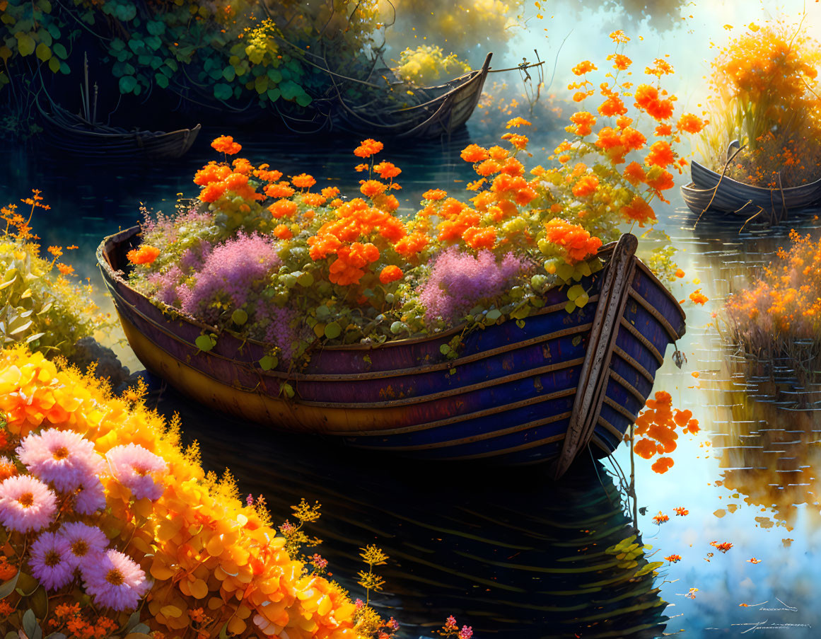 Wooden boat filled with orange and purple flowers in serene water setting