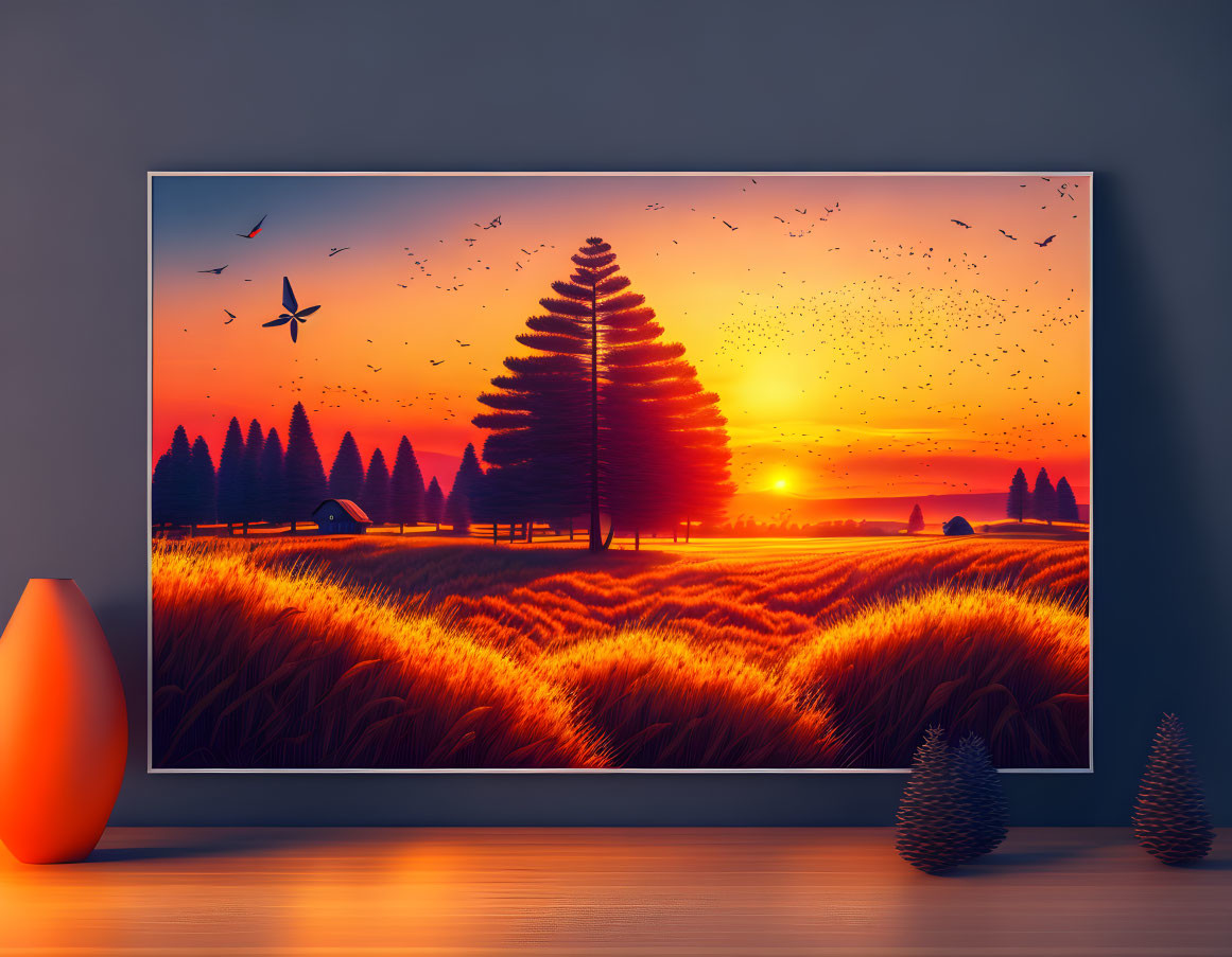 Scenic sunset digital art with golden fields, trees, birds, and tranquil sky in cozy room