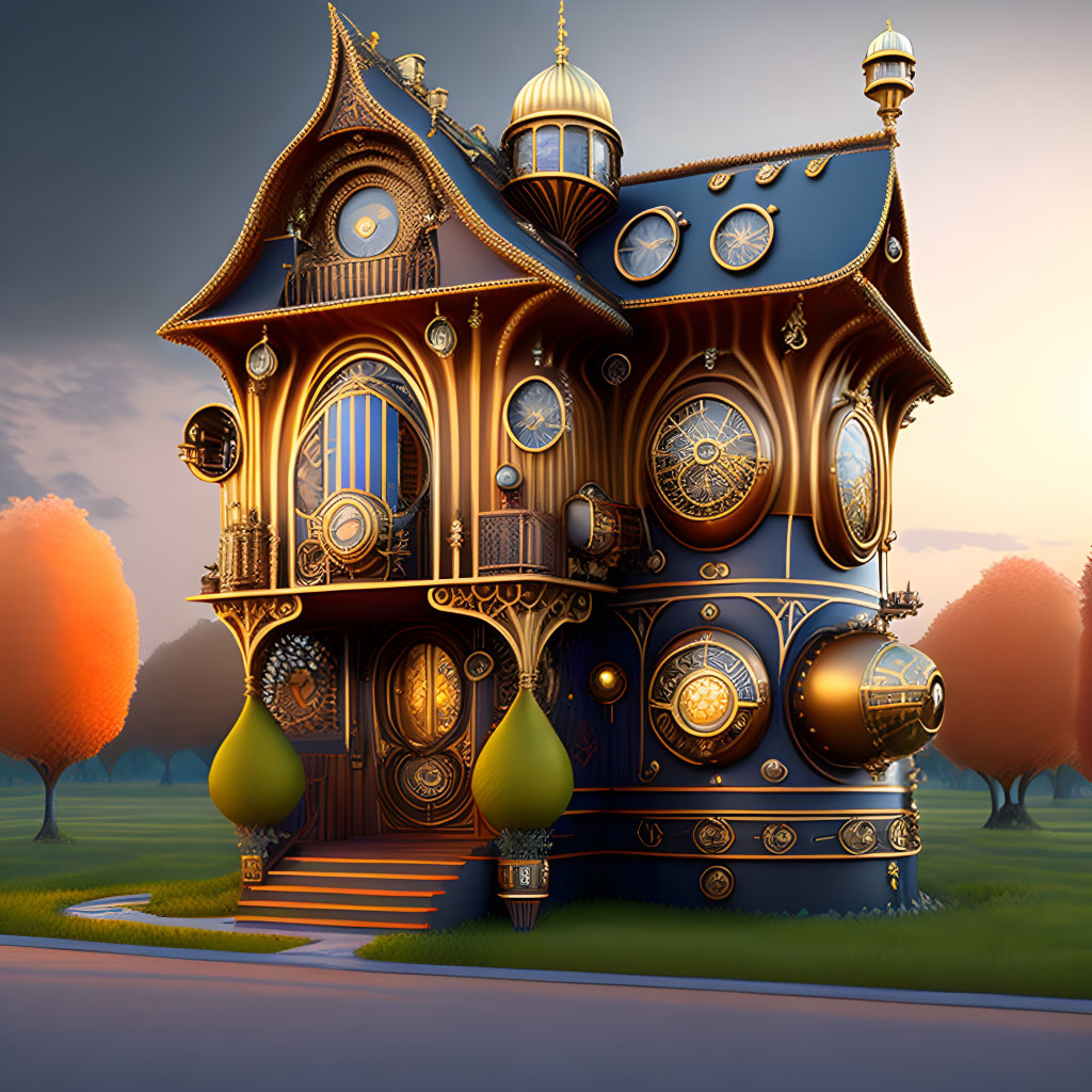 Whimsical wooden house with clock elements and stained glass windows.