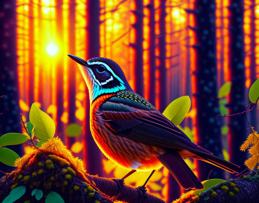 Colorful bird on mossy branch in mystical forest at sunset