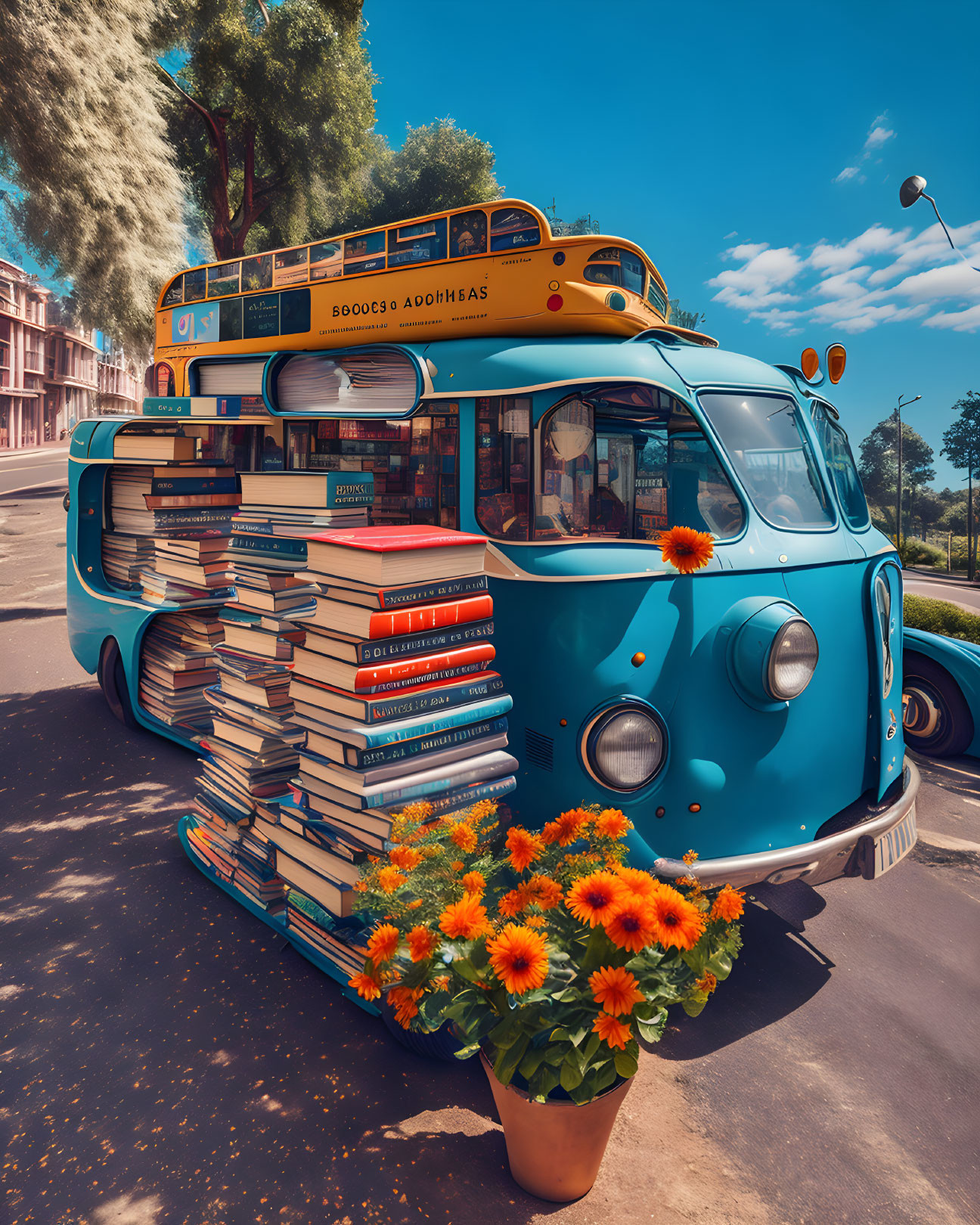 Vintage Bus Transformed into Colorful Books with Flowers