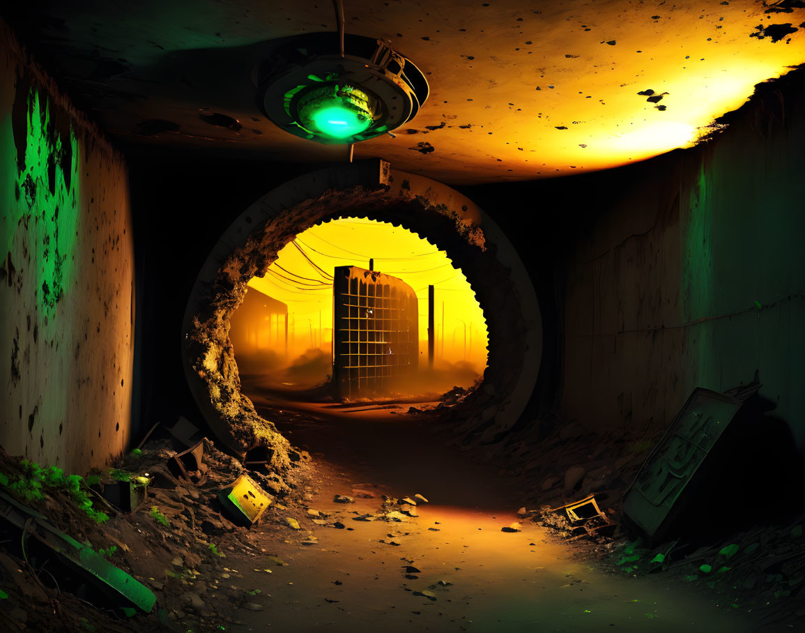 Decaying walls, green light, radioactive glow in dystopian tunnel