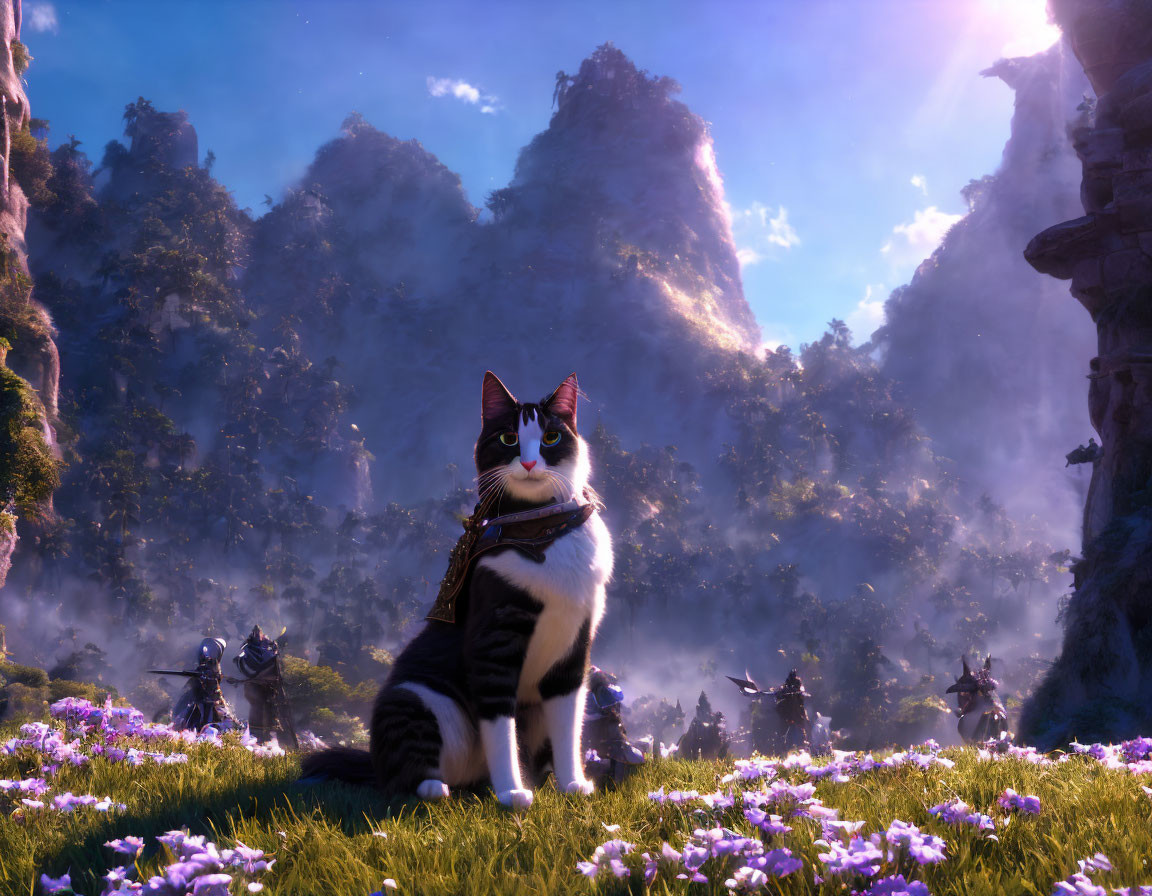 Large Cat in Coat and Glasses in Fantasy Landscape with Purple Flowers and Armored Figures