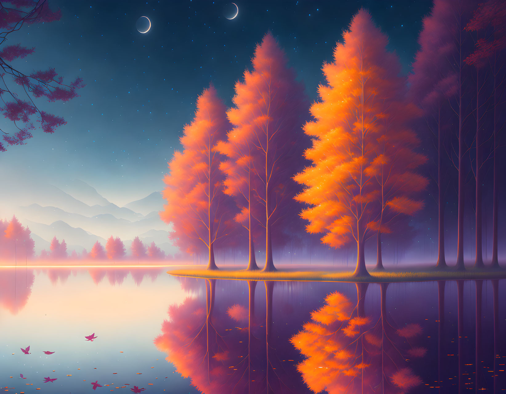 Tranquil autumn trees by lake under starry sky