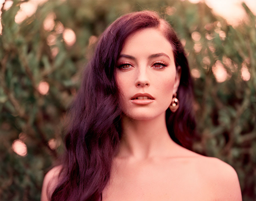 Dark-haired woman with eyeliner poses in front of greenery for a serene beauty look