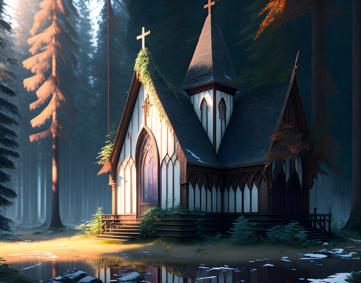 Tranquil forest chapel with twin crosses in serene setting