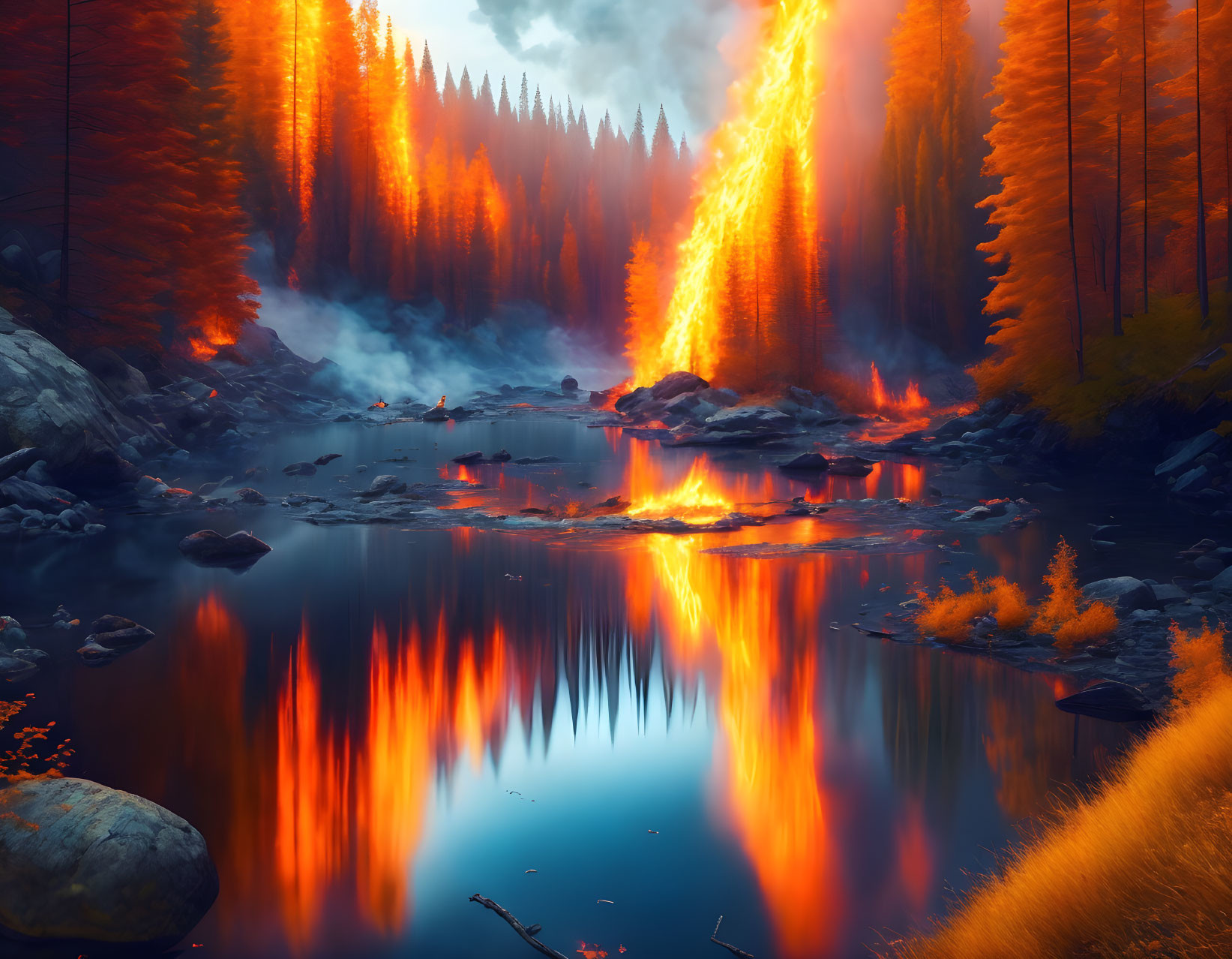 Intense forest fire digital artwork with orange and blue hues