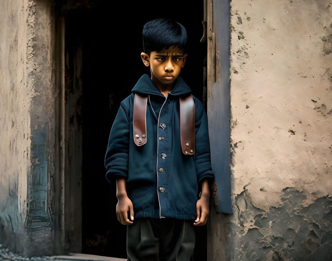 Young boy in doorway with stern expression and peeling walls wearing blue and brown jacket