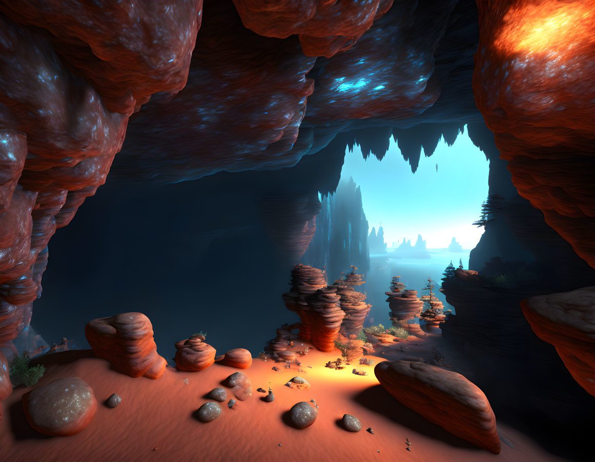 Majestic underground cavern with glowing blue light and towering stalagmites