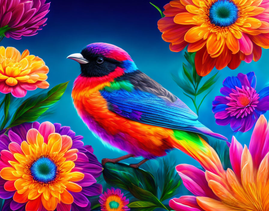 Colorful Bird Among Flowers on Blue Background