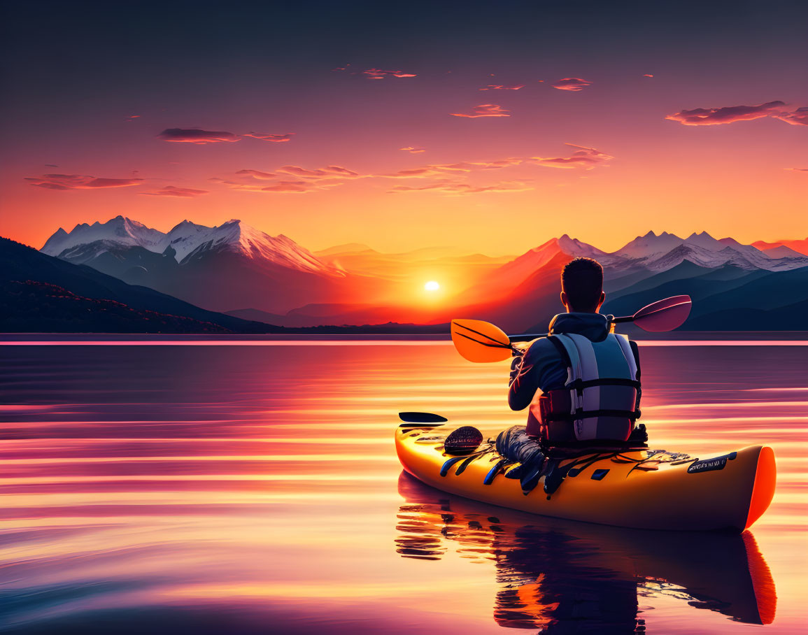 Kayaker on tranquil lake at sunset with majestic mountains