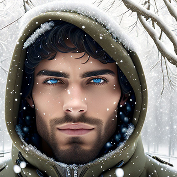 Man with Blue Eyes in Green Hooded Jacket with Snowflakes