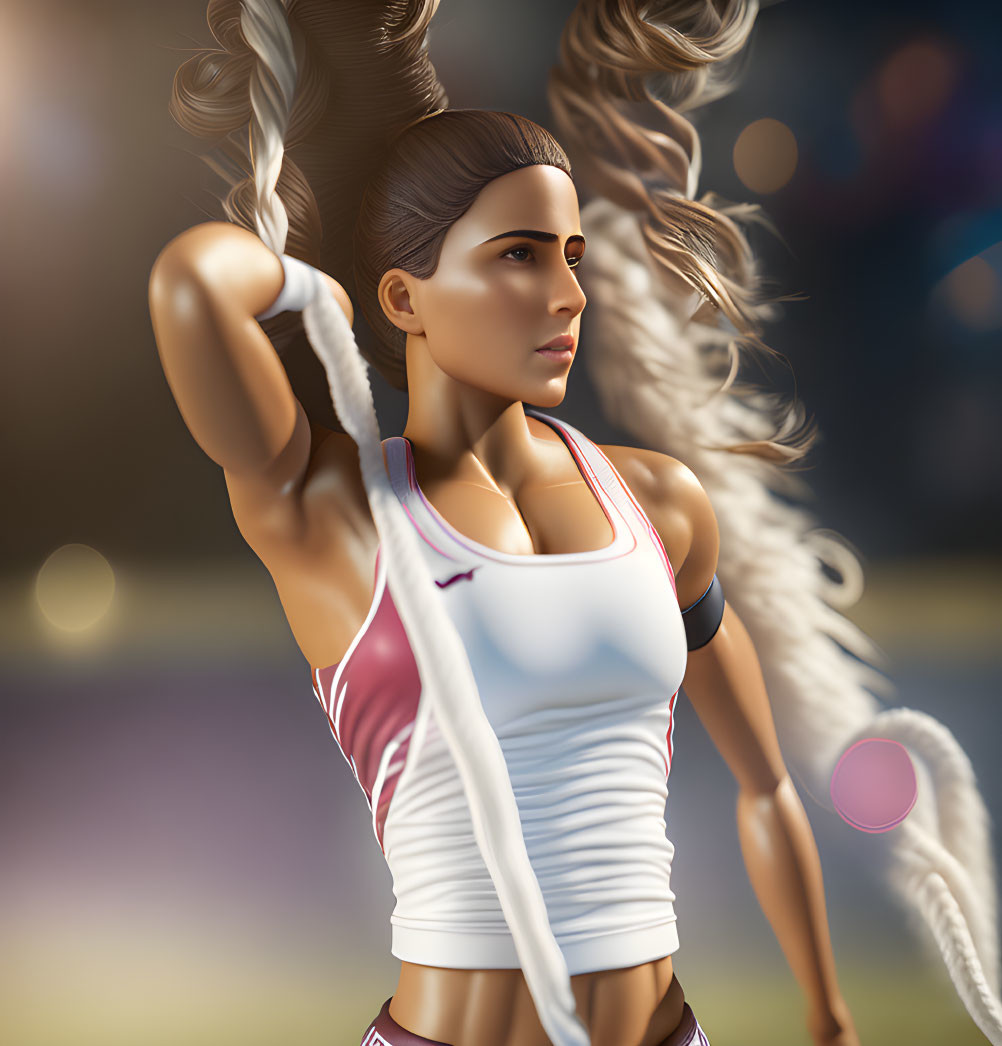 Female athlete in sportswear serves tennis ball in dynamic setting