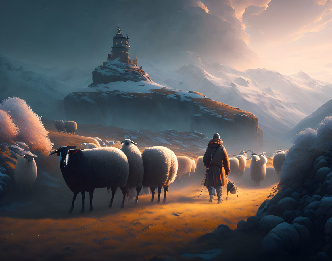 Shepherd leading sheep in mountain landscape with pagoda cliff view